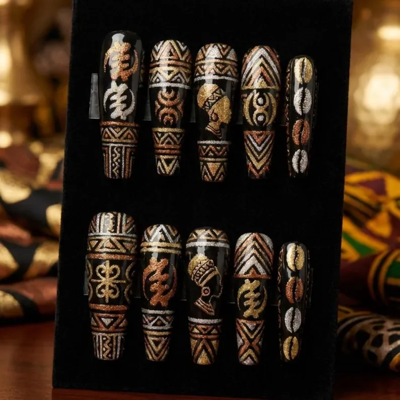 luxury adinkra, cowrie shell design, press on nails, custom press on nails, fake nails, Nails Art, stained glass nails, gold press on nails, 3d press on nails, luxury press on nails, handmade press on nails