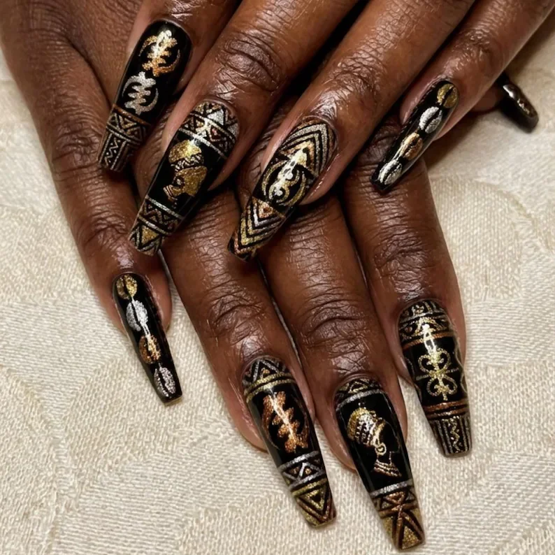 press on nails, adinkra nail art, custom press on nails, fake nails, Nails Art, stained glass nails, gold press on nails, 3d press on nails, luxury press on nails, handmade press on nails