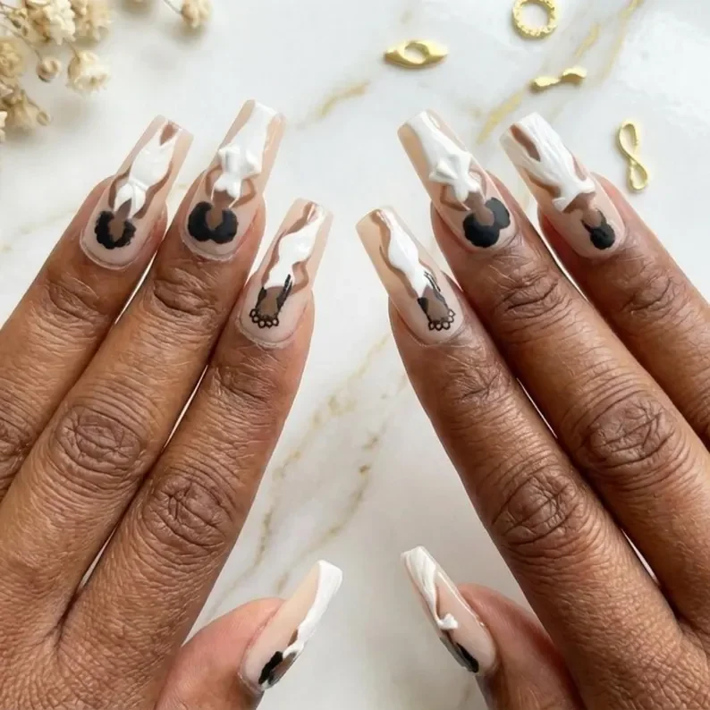 melanin goddess, 3d white design, press on nails, custom press on nails, fake nails, Nails Art, stained glass nails, gold press on nails, 3d press on nails, luxury press on nails, handmade press on nails
