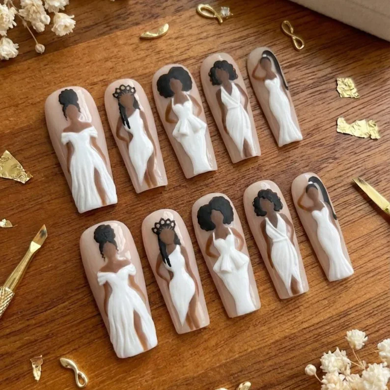 black queen hairstyles, press on nails, custom press on nails, fake nails, Nails Art, stained glass nails, gold press on nails, 3d press on nails, luxury press on nails, handmade press on nails