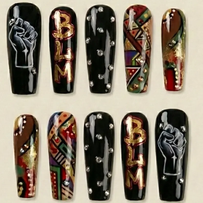 BLM press on nails, Black Lives Matter, press on nails, custom press on nails, fake nails, Nails Art, stained glass nails, gold press on nails, 3d press on nails, luxury press on nails, handmade press on nails