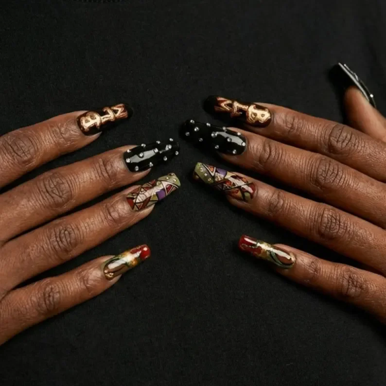 empowerment nail art, 3D chrome design, press on nails, custom press on nails, fake nails, Nails Art, stained glass nails, gold press on nails, 3d press on nails, luxury press on nails, handmade press on nails