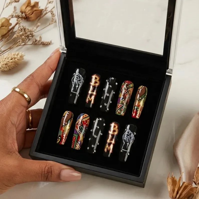 BLM press on nails, Black Lives Matter, press on nails, custom press on nails, fake nails, Nails Art, stained glass nails, gold press on nails, 3d press on nails, luxury press on nails, handmade press on nails