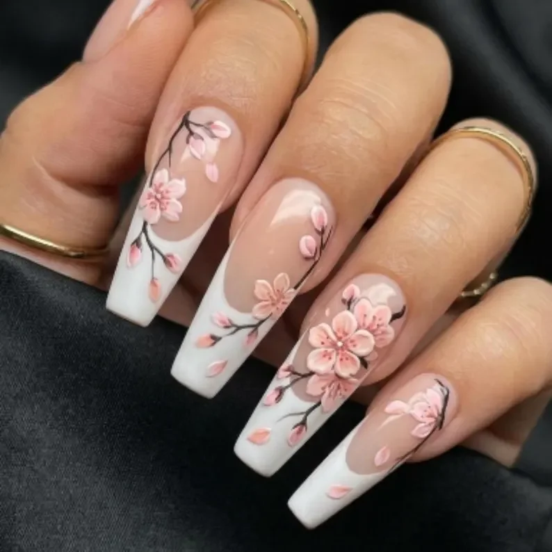 blooming sakura, hand-painted 3d, press on nails, custom press on nails, fake nails, Nails Art, stained glass nails, gold press on nails, 3d press on nails, luxury press on nails, handmade press on nails
