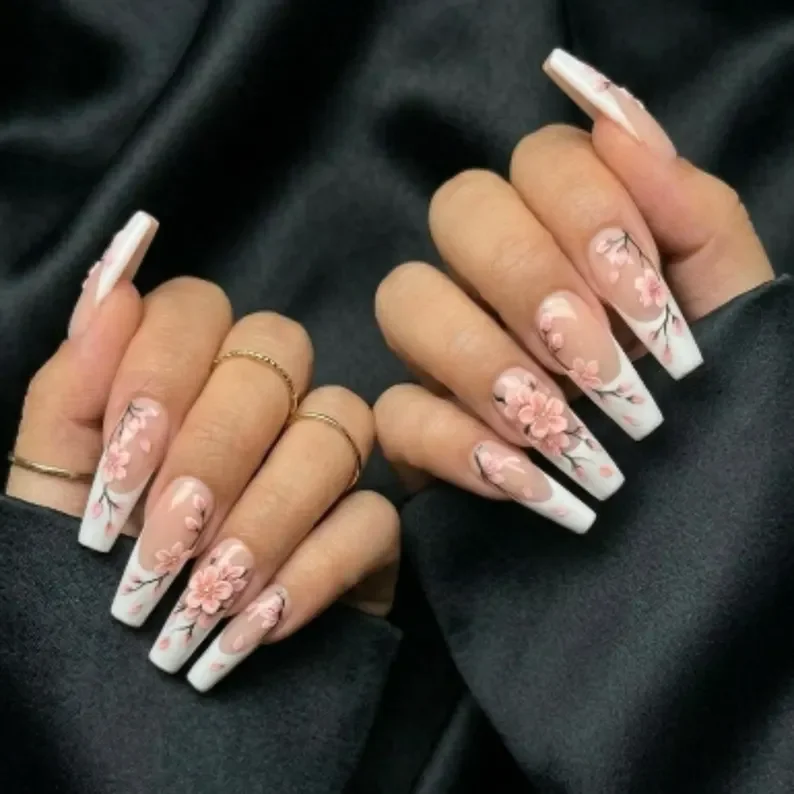 cherry blossom nails, press on nails, custom press on nails, fake nails, Nails Art, stained glass nails, gold press on nails, 3d press on nails, luxury press on nails, handmade press on nails