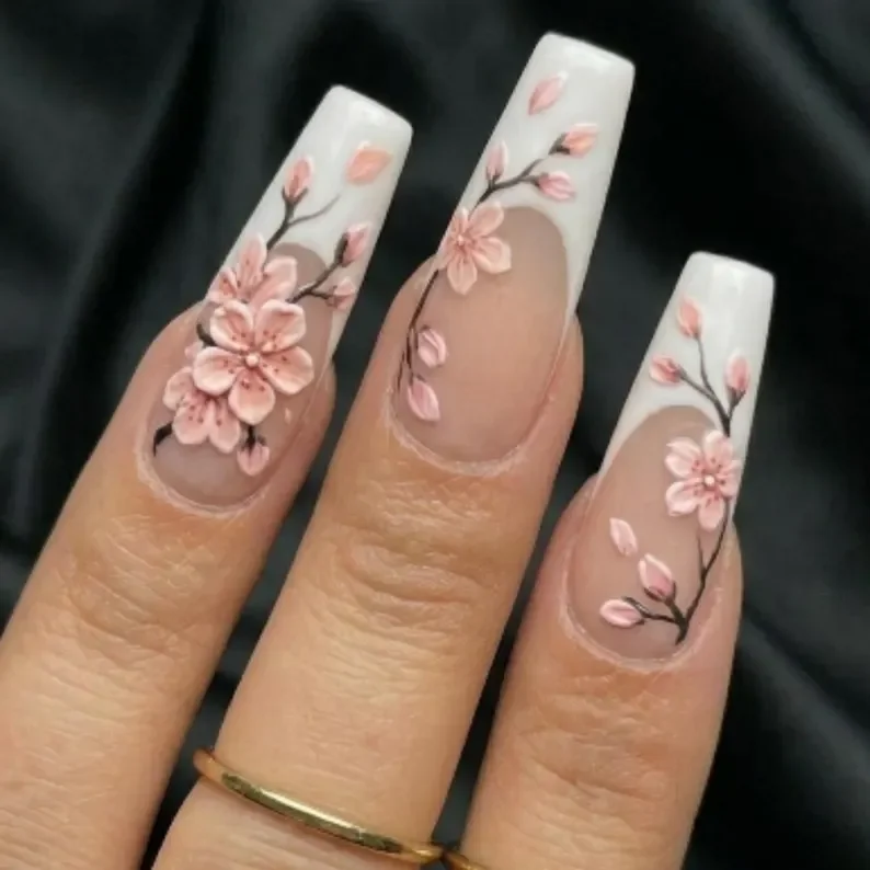 luxury french tip, white french tip, press on nails, custom press on nails, fake nails, Nails Art, stained glass nails, gold press on nails, 3d press on nails, luxury press on nails, handmade press on nails