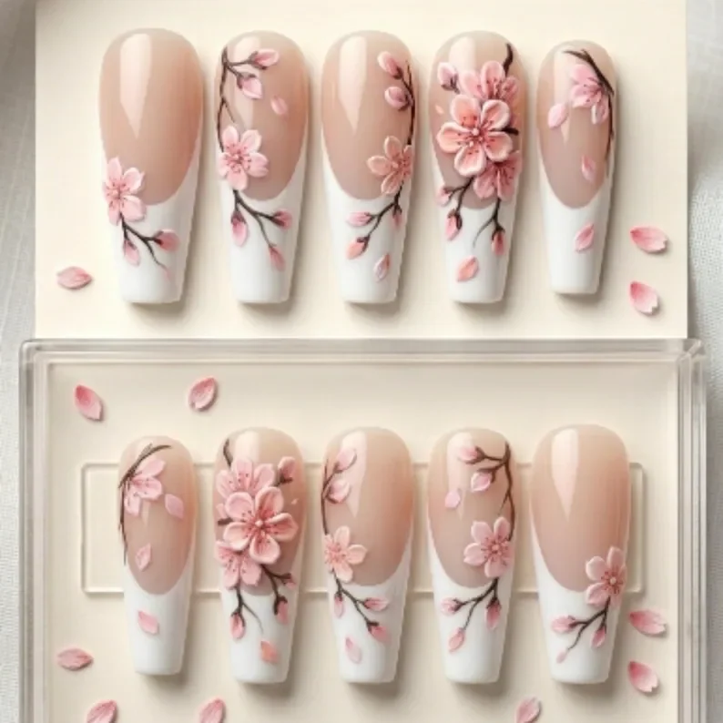 blooming sakura, hand-painted 3d, press on nails, custom press on nails, fake nails, Nails Art, stained glass nails, gold press on nails, 3d press on nails, luxury press on nails, handmade press on nails