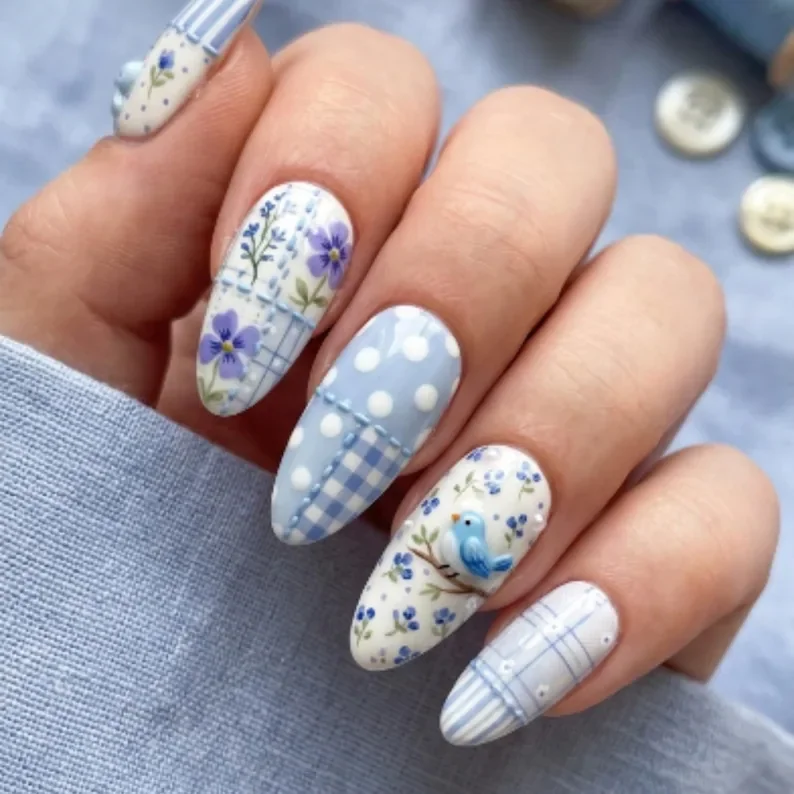 cottagecore press on nails, bluebird vintage quilt, press on nails, custom press on nails, fake nails, Nails Art, stained glass nails, gold press on nails, 3d press on nails, luxury press on nails, handmade press on nails