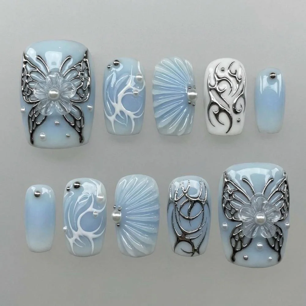 Blue Butterfly, Cyber Press On, press on nails, custom press on nails, fake nails, Nails Art, stained glass nails, gold press on nails, 3d press on nails, luxury press on nails, handmade press on nails