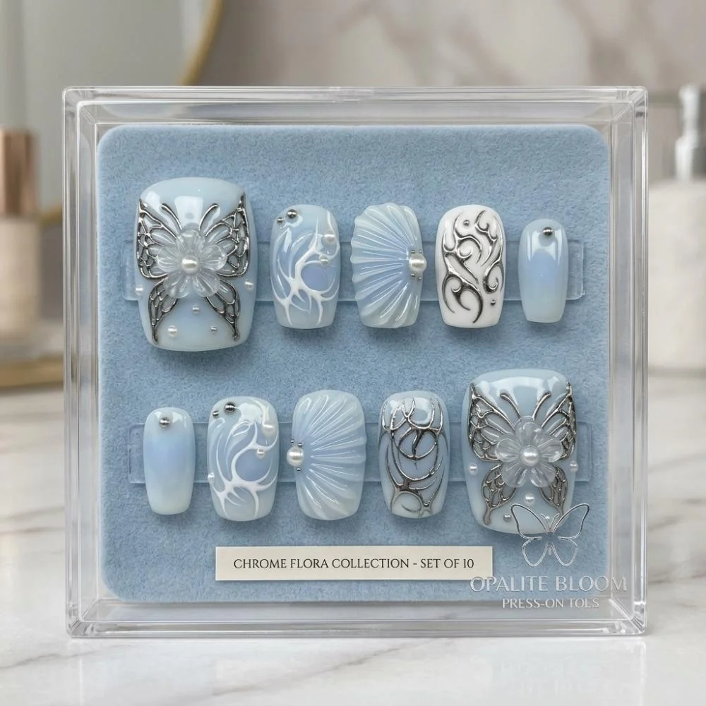 Silver Chrome Pedicure, Chrome Toe Nails, press on nails, custom press on nails, fake nails, Nails Art, stained glass nails, gold press on nails, 3d press on nails, luxury press on nails, handmade press on nails
