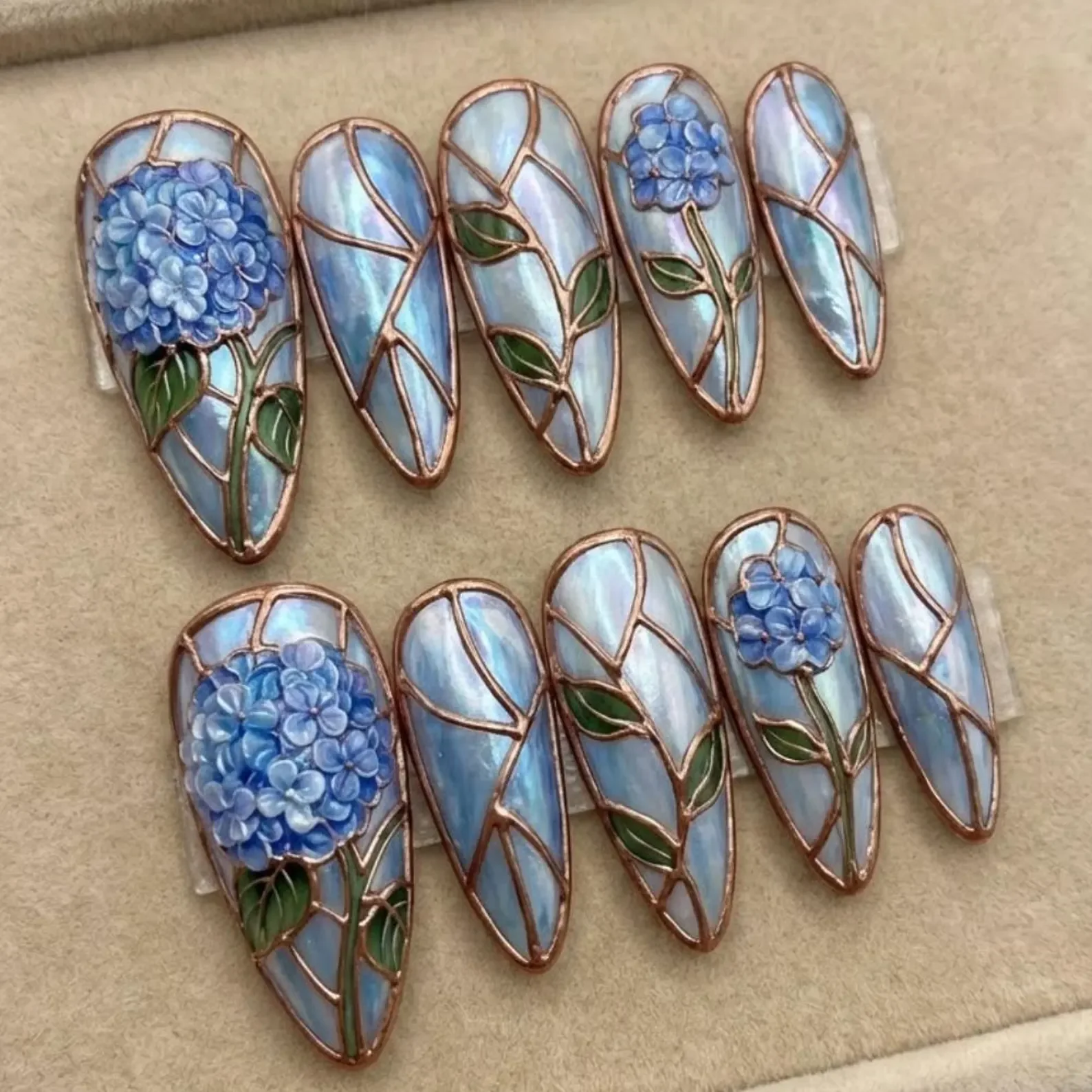 blue hydrangea nails, stained glass nails, press on nails, custom press on nails, fake nails, Nails Art, gold press on nails, 3d press on nails, luxury press on nails, handmade press on nails