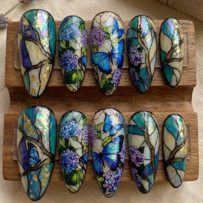 blue morpho butterfly, stained glass nails, press on nails, custom press on nails, fake nails, Nails Art, gold press on nails, 3d press on nails, luxury press on nails, handmade press on nails