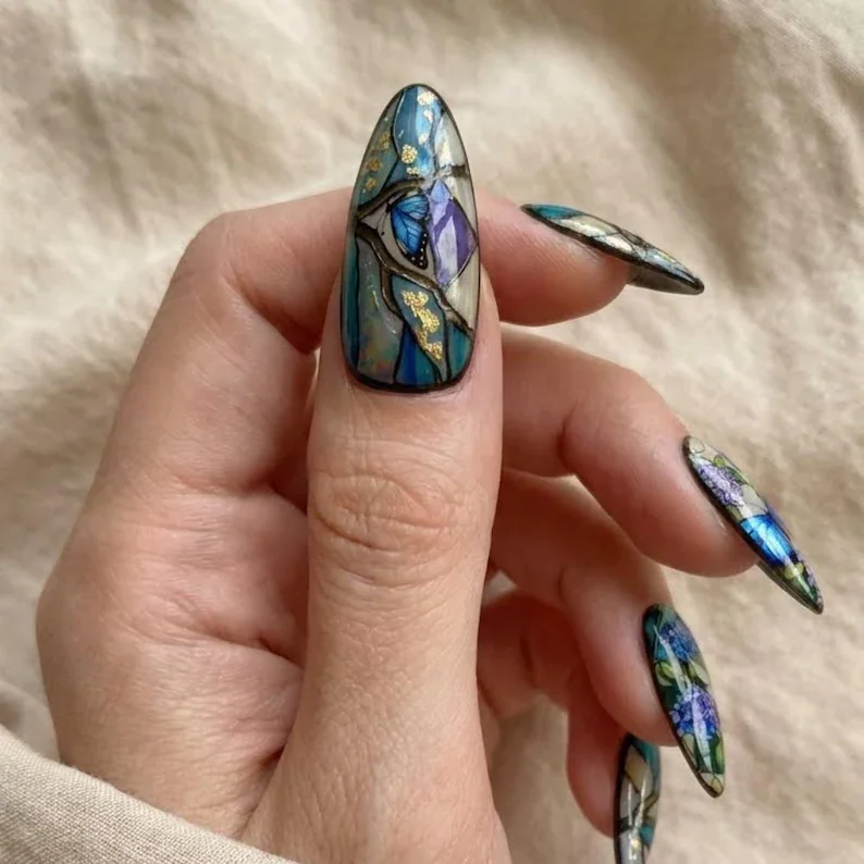 butterfly nail art, blue butterfly nails, press on nails, custom press on nails, fake nails, Nails Art, stained glass nails, gold press on nails, 3d press on nails, luxury press on nails, handmade press on nails