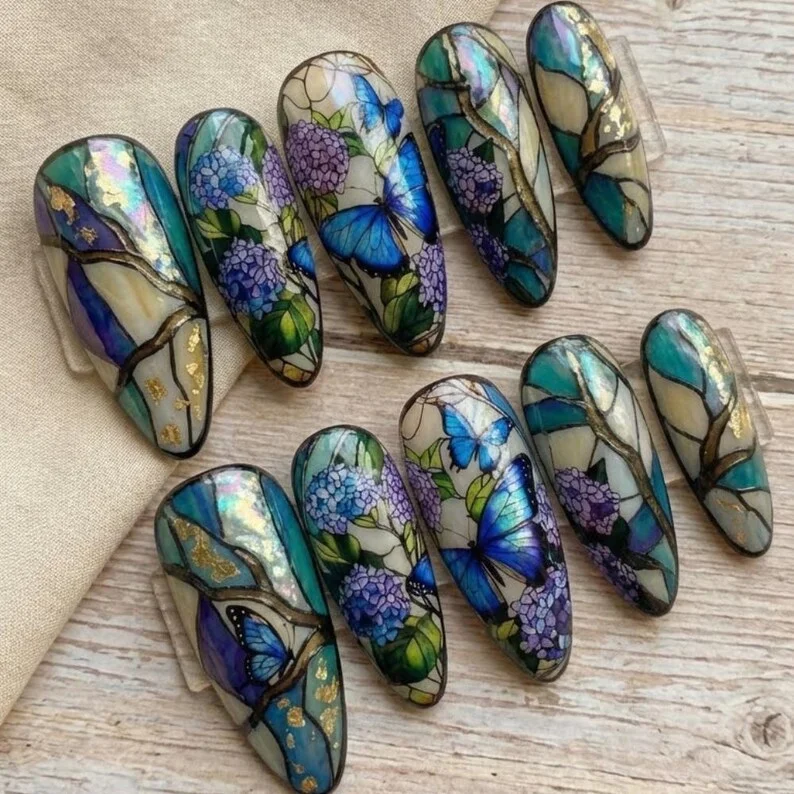 blue morpho butterfly, stained glass nails, press on nails, custom press on nails, fake nails, Nails Art, gold press on nails, 3d press on nails, luxury press on nails, handmade press on nails