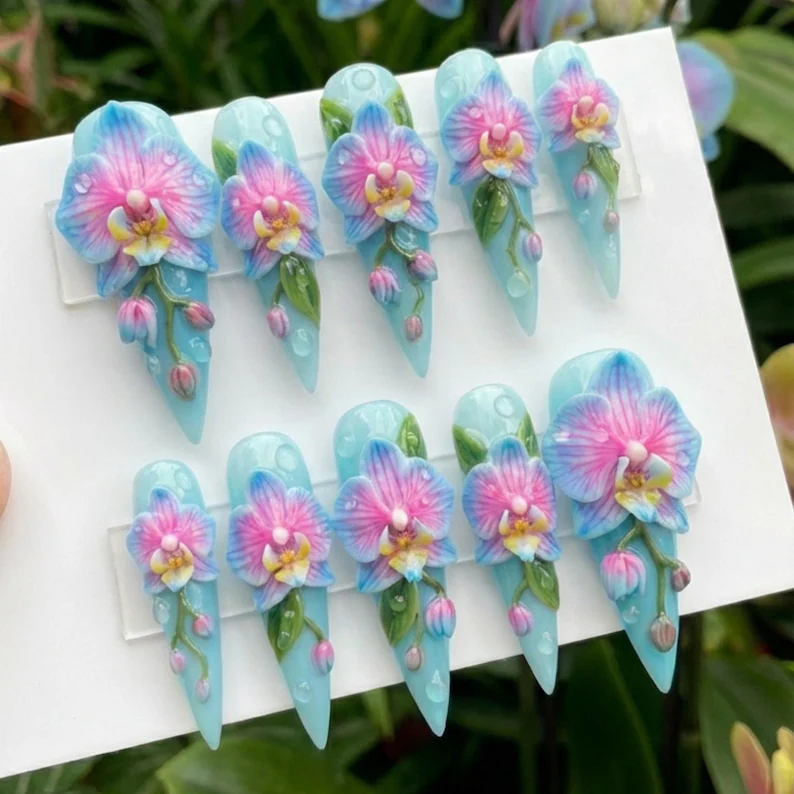 wedding guest nails, blue orchid nails, press on nails, custom press on nails, fake nails, Nails Art, stained glass nails, gold press on nails, 3d press on nails, luxury press on nails, handmade press on nails