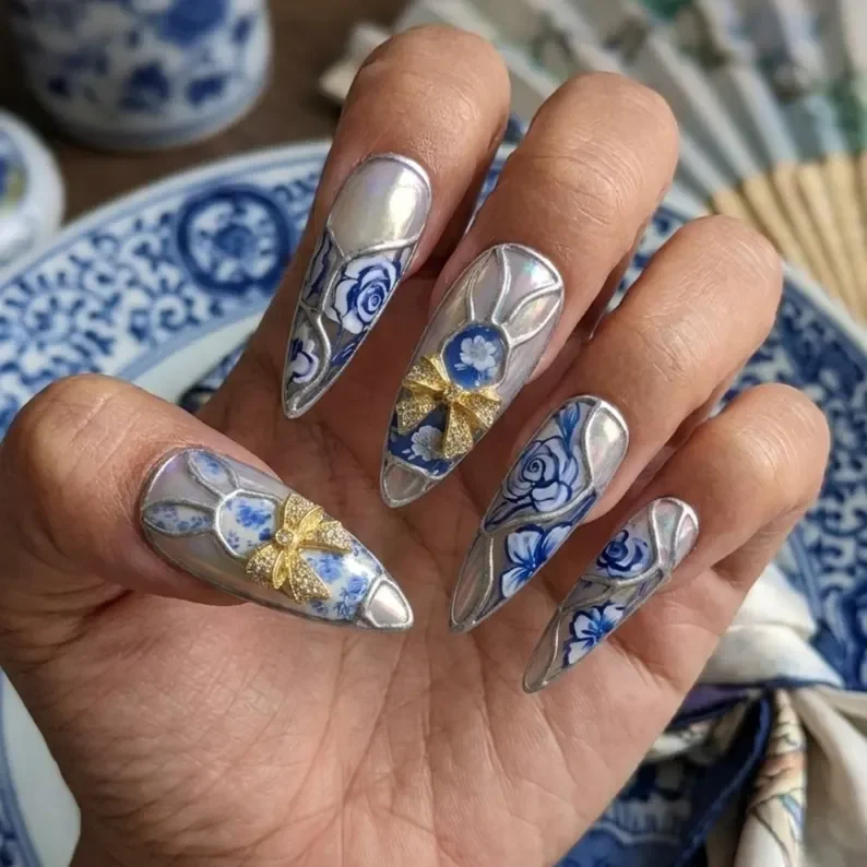 3D golden bow, chinoiserie bunny, press on nails, custom press on nails, fake nails, Nails Art, stained glass nails, gold press on nails, 3d press on nails, luxury press on nails, handmade press on nails