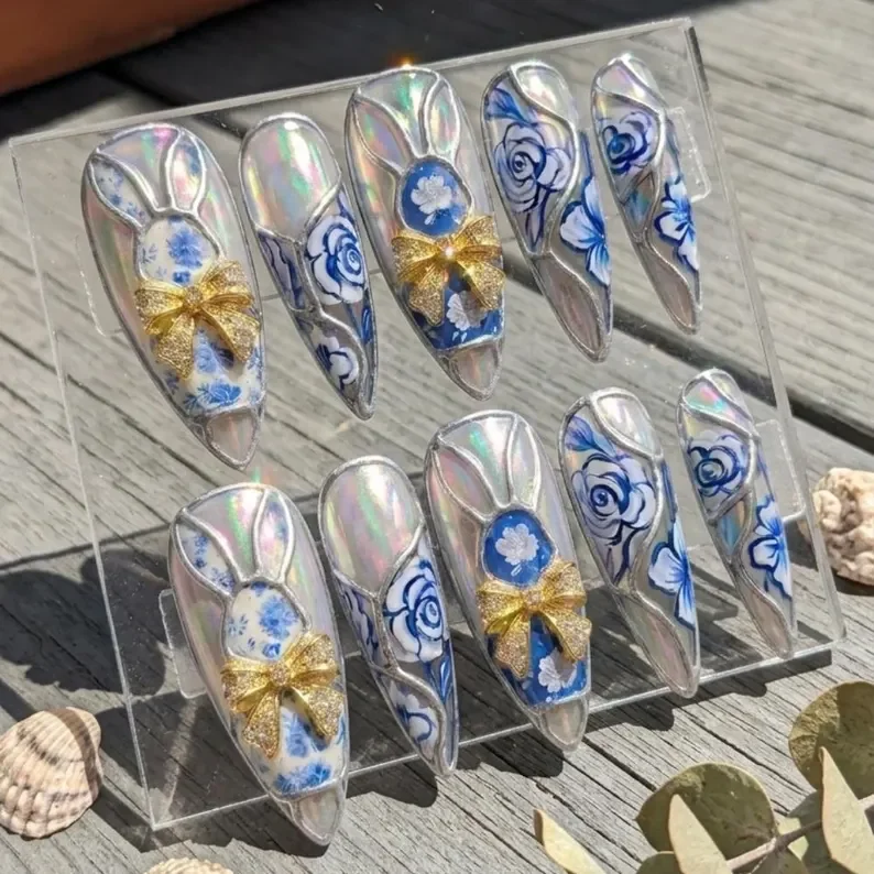 porcelain nails, bow nail art, press on nails, custom press on nails, fake nails, Nails Art, stained glass nails, gold press on nails, 3d press on nails, luxury press on nails, handmade press on nails
