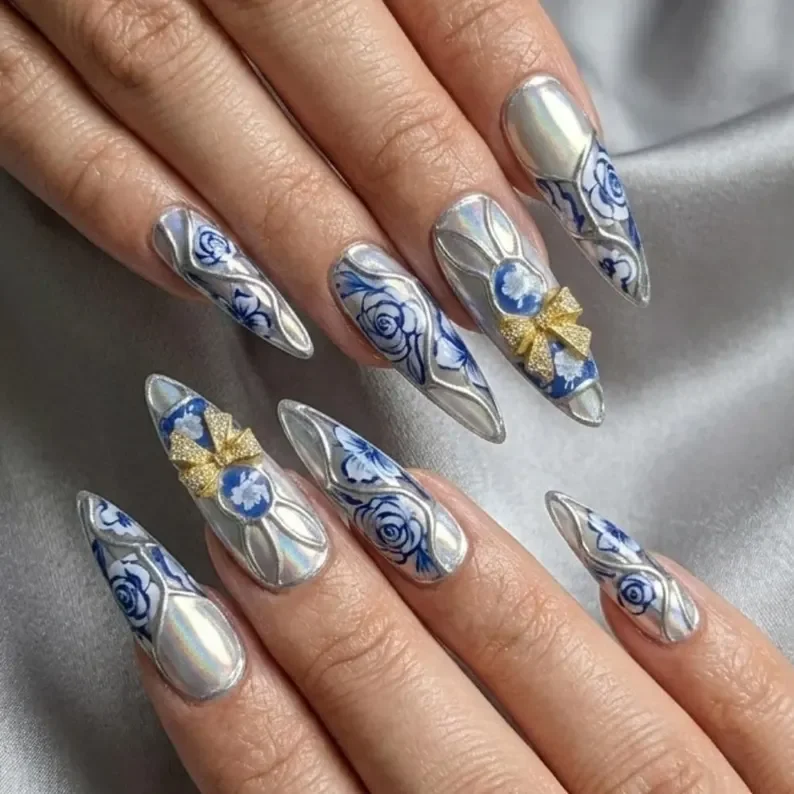 bunny nail art, blue white nails, press on nails, custom press on nails, fake nails, Nails Art, stained glass nails, gold press on nails, 3d press on nails, luxury press on nails, handmade press on nails