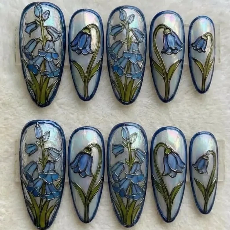 Bluebell Morning, Stained Glass, press on nails, custom press on nails, fake nails, Nails Art, stained glass nails, gold press on nails, 3d press on nails, luxury press on nails, handmade press on nails