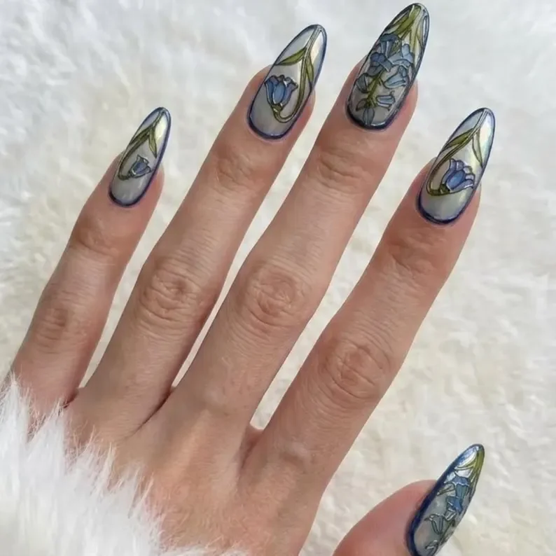 Iridescent Opal, Blue Botanical, press on nails, custom press on nails, fake nails, Nails Art, stained glass nails, gold press on nails, 3d press on nails, luxury press on nails, handmade press on nails