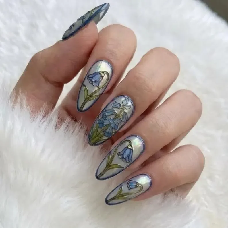 3D Press-On, Bluebell Nails, press on nails, custom press on nails, fake nails, Nails Art, stained glass nails, gold press on nails, 3d press on nails, luxury press on nails, handmade press on nails