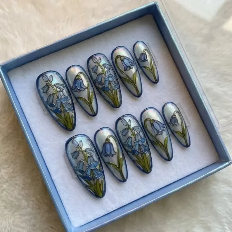 Bluebell Morning, Stained Glass, press on nails, custom press on nails, fake nails, Nails Art, stained glass nails, gold press on nails, 3d press on nails, luxury press on nails, handmade press on nails