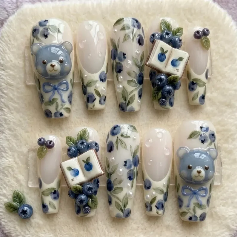 blueberry bookworm, 3D hand painted, press on nails, custom press on nails, fake nails, Nails Art, stained glass nails, gold press on nails, 3d press on nails, luxury press on nails, handmade press on nails