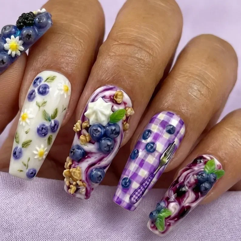 summer picnic nails, pastel berry nails, press on nails, custom press on nails, fake nails, Nails Art, stained glass nails, gold press on nails, 3d press on nails, luxury press on nails, handmade press on nails