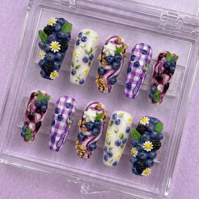 blueberry picnic nails, whipped cream nails, press on nails, custom press on nails, fake nails, Nails Art, stained glass nails, gold press on nails, 3d press on nails, luxury press on nails, handmade press on nails