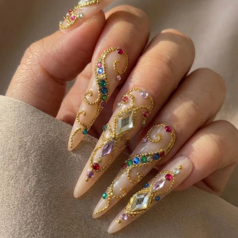 press on nails set, boho glam nails, press on nails, custom press on nails, fake nails, Nails Art, stained glass nails, gold press on nails, 3d press on nails, luxury press on nails, handmade press on nails