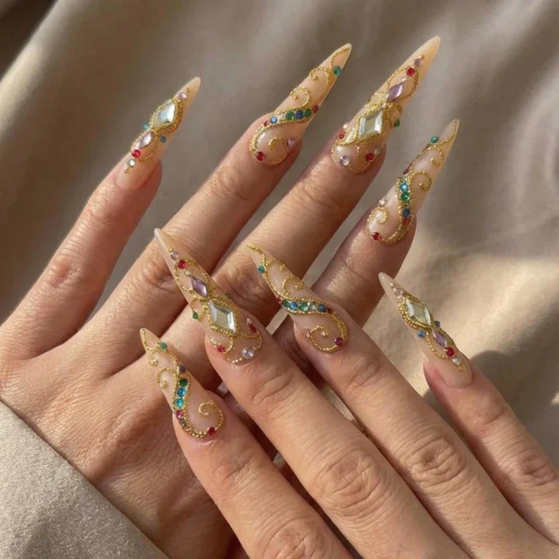 3D royal jewel nails, gold bead nail art, press on nails, custom press on nails, fake nails, Nails Art, stained glass nails, gold press on nails, 3d press on nails, luxury press on nails, handmade press on nails