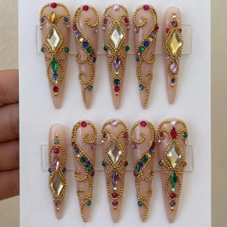 press on nails set, boho glam nails, press on nails, custom press on nails, fake nails, Nails Art, stained glass nails, gold press on nails, 3d press on nails, luxury press on nails, handmade press on nails