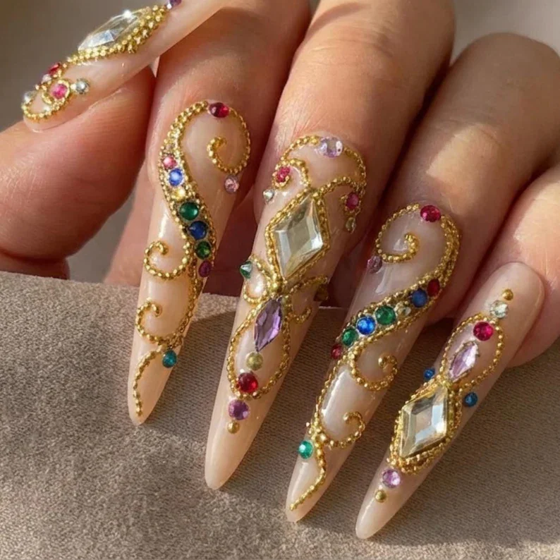 luxury statement nails, royal jewel manicure, press on nails, custom press on nails, fake nails, Nails Art, stained glass nails, gold press on nails, 3d press on nails, luxury press on nails, handmade press on nails