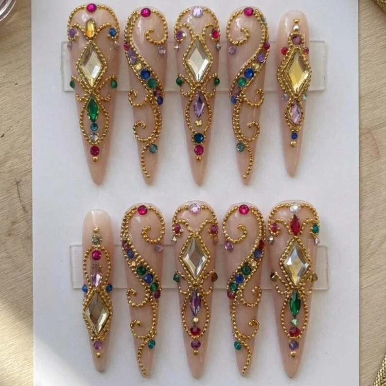 bohemian luxe press on nails, gilded filigree nails, press on nails, custom press on nails, fake nails, Nails Art, stained glass nails, gold press on nails, 3d press on nails, luxury press on nails, handmade press on nails