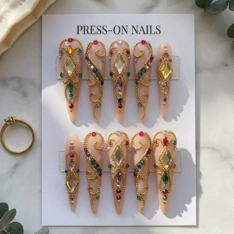 3D royal jewel nails, gold bead nail art, press on nails, custom press on nails, fake nails, Nails Art, stained glass nails, gold press on nails, 3d press on nails, luxury press on nails, handmade press on nails
