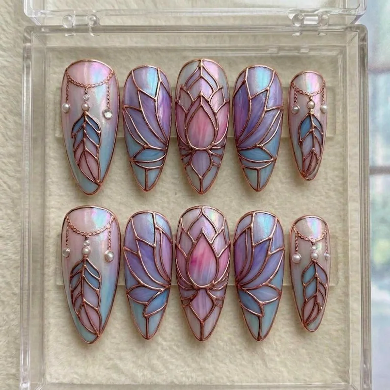 bohemian stained glass, press on nails, custom press on nails, fake nails, Nails Art, stained glass nails, gold press on nails, 3d press on nails, luxury press on nails, handmade press on nails