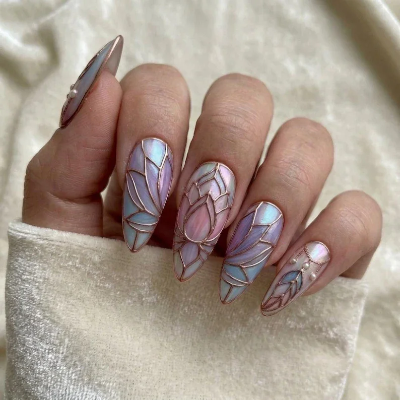 iridescent opal, rose gold, press on nails, custom press on nails, fake nails, Nails Art, stained glass nails, gold press on nails, 3d press on nails, luxury press on nails, handmade press on nails