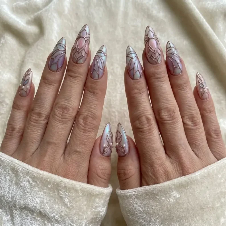 opal iridescent, stained glass nails, press on nails, custom press on nails, fake nails, Nails Art, gold press on nails, 3d press on nails, luxury press on nails, handmade press on nails