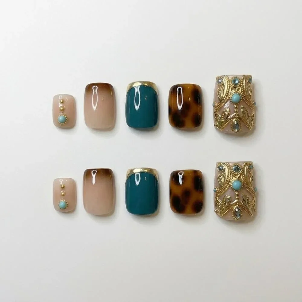 boho nails, tortoiseshell nails, press on nails, custom press on nails, fake nails, Nails Art, stained glass nails, gold press on nails, 3d press on nails, luxury press on nails, handmade press on nails