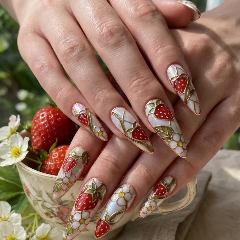 botanical strawberry nails, stained glass press on, press on nails, custom press on nails, fake nails, Nails Art, stained glass nails, gold press on nails, 3d press on nails, luxury press on nails, handmade press on nails