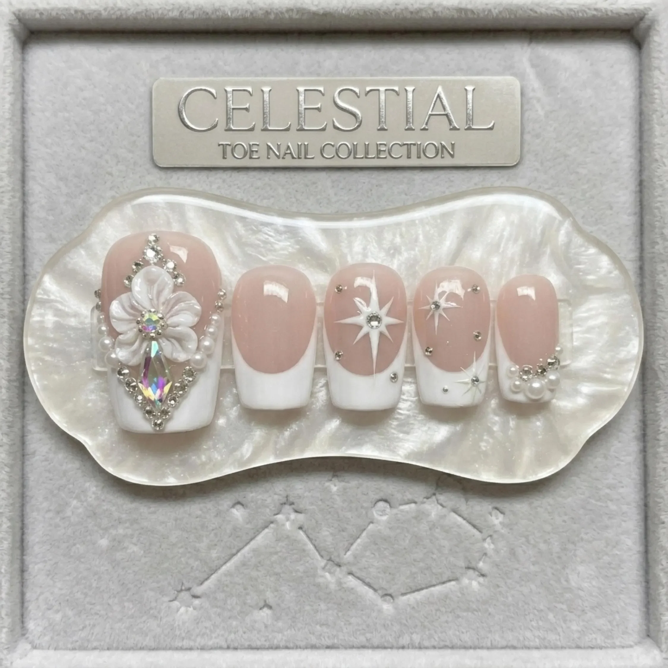 pearl toe, french tip pedicure, press on nails, custom press on nails, fake nails, Nails Art, stained glass nails, gold press on nails, 3d press on nails, luxury press on nails, handmade press on nails