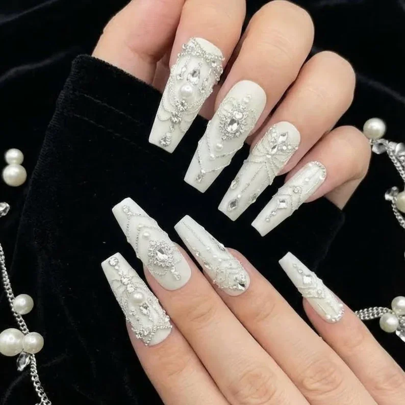 bridal press-on nails, white diamond chandelier, press on nails, custom press on nails, fake nails, Nails Art, stained glass nails, gold press on nails, 3d press on nails, luxury press on nails, handmade press on nails