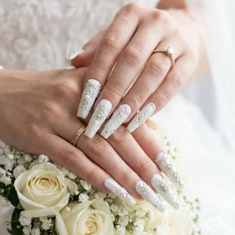 wedding nail set, faux pearl accents, press on nails, custom press on nails, fake nails, Nails Art, stained glass nails, gold press on nails, 3d press on nails, luxury press on nails, handmade press on nails