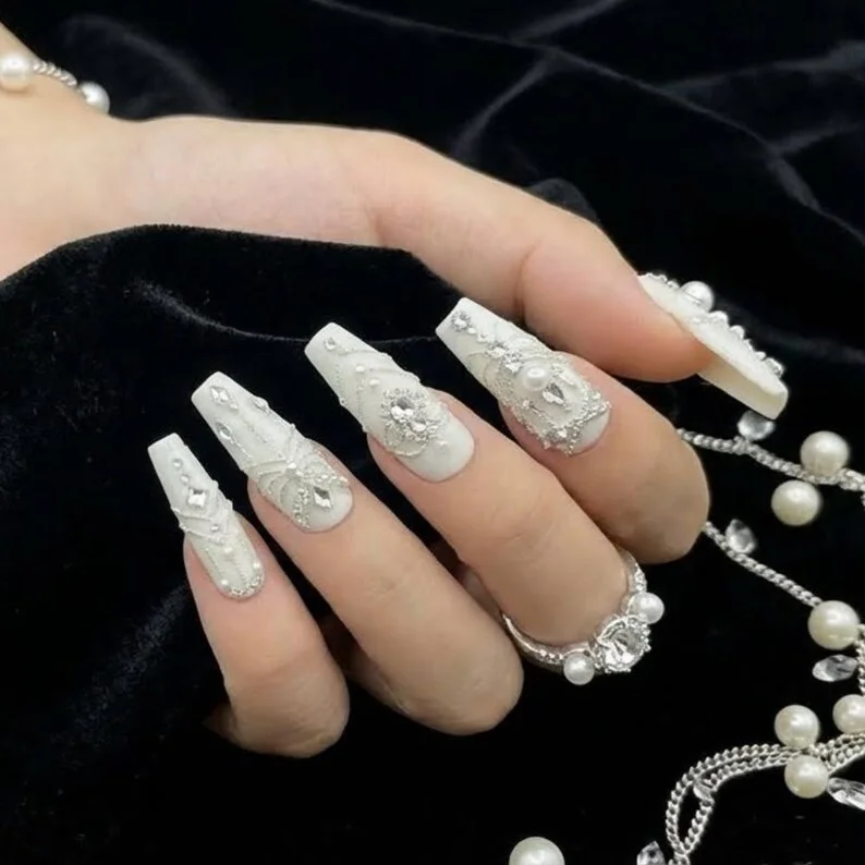 chandelier nail art, elegant bridal nails, press on nails, custom press on nails, fake nails, Nails Art, stained glass nails, gold press on nails, 3d press on nails, luxury press on nails, handmade press on nails