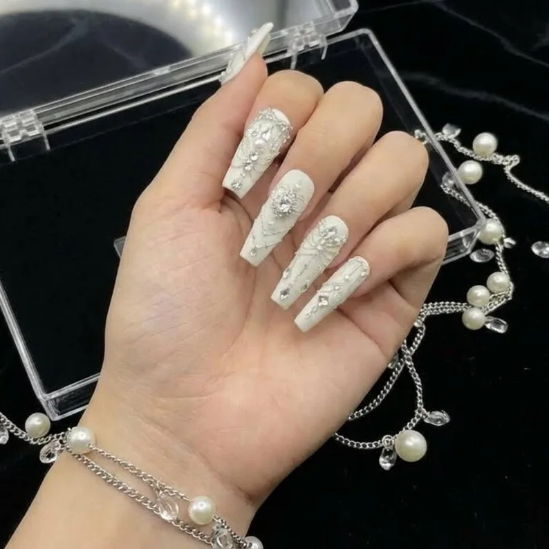 bridal press-on nails, white diamond chandelier, press on nails, custom press on nails, fake nails, Nails Art, stained glass nails, gold press on nails, 3d press on nails, luxury press on nails, handmade press on nails