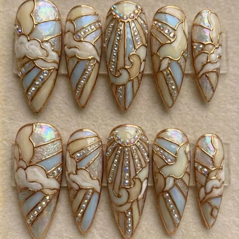 3D gold nails, sun cloud design, press on nails, custom press on nails, fake nails, Nails Art, stained glass nails, gold press on nails, 3d press on nails, luxury press on nails, handmade press on nails
