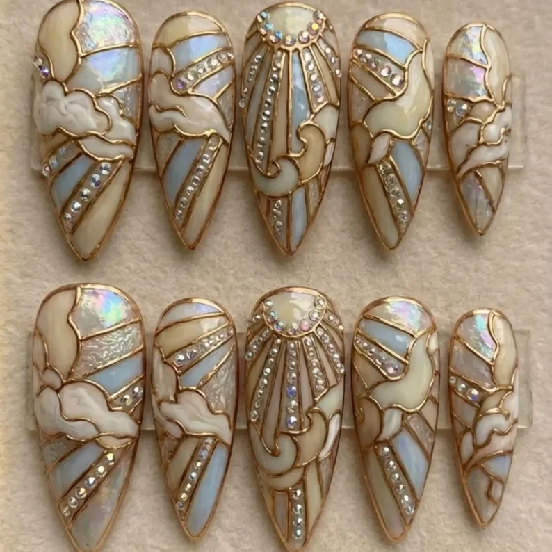 bridal press on nails, stained glass nails, press on nails, custom press on nails, fake nails, Nails Art, gold press on nails, 3d press on nails, luxury press on nails, handmade press on nails