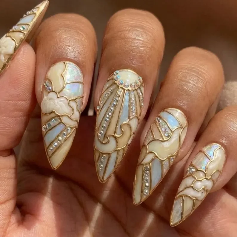 3D gold nails, sun cloud design, press on nails, custom press on nails, fake nails, Nails Art, stained glass nails, gold press on nails, 3d press on nails, luxury press on nails, handmade press on nails