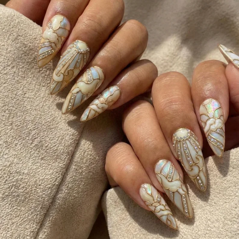 cloud art nails, gold sun nails, press on nails, custom press on nails, fake nails, Nails Art, stained glass nails, gold press on nails, 3d press on nails, luxury press on nails, handmade press on nails