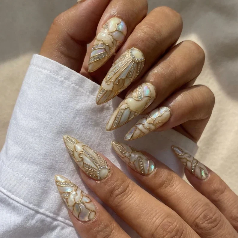 bridal manicure, press on nail set, press on nails, custom press on nails, fake nails, Nails Art, stained glass nails, gold press on nails, 3d press on nails, luxury press on nails, handmade press on nails